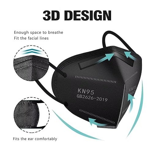 50pcs KN95 Face Mask Black 5 Layer Cup Dust Safety Masks Filter Efficiency≥95% Breathable Elastic Ear Loops Black Masks