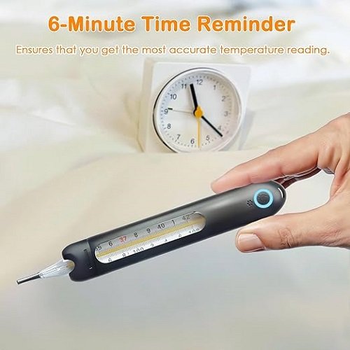 Mercury Free Glass Thermometer for Adults- Armpit Fever Thermometer with Drop-Resistant Case, Rechargeable Reading Light, 3-Second Reset,Time Reminder, Children Lock(Black)