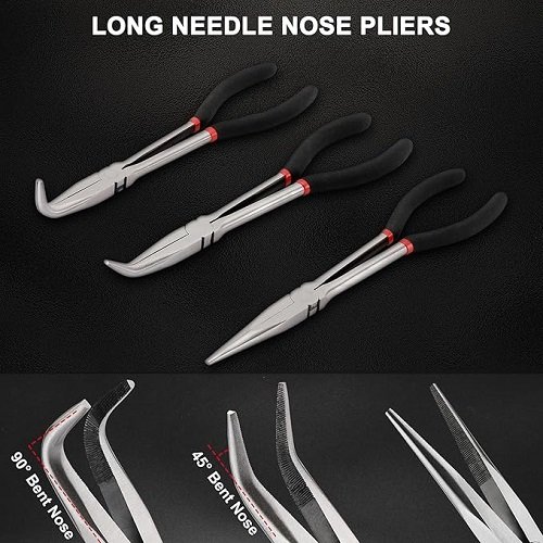4PCS 11"Long Needle Nose Pliers Set, Long Reach Straight Pliers, 45°Bent Nose Pliers, 90°Bent Nose Pliers, Diagonal Pliers for Narrow Spaces and Limited Areas