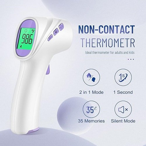 No-Touch Digital Forehead Thermometer, Infrared Thermometer for Adults, Kids & Babies, 1 Second Measurement, Fever Alert and 35 Sets Memory (Purple)