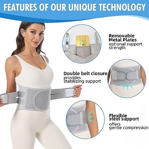 Back Brace for Lower Back Pain Relief - Back Support Belt for Women & Men for Herniated Disc, Sciatica. Removable Stays for Lower Back Support with 2 Different Hardness Sets (Grey, Medium)