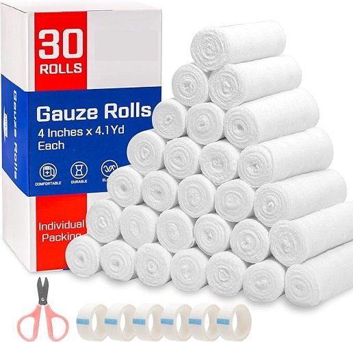 30 Pack Gauze Rolls Bandages, 4 in x 4.1 Yards, Premium Medical Supplies & First Aid Supplies, Bandage Wrap Vet Wrap, Mummy Wraps