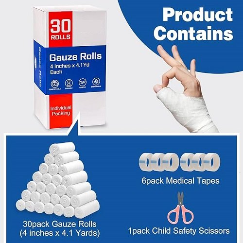 30 Pack Gauze Rolls Bandages, 4 in x 4.1 Yards, Premium Medical Supplies & First Aid Supplies, Bandage Wrap Vet Wrap, Mummy Wraps