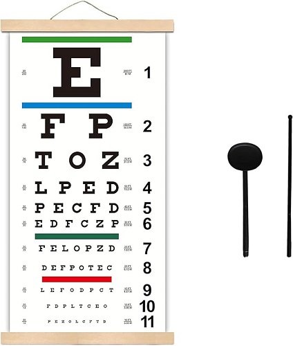 Eye Charts for Eye Exams 20 Feet, Snellen Eye Chart with Wooden Frame for Wall Decor, 22x11 Inches Canvas Low Vision Eye Chart with Eye Occluder and Hand Pointer for Kids Gifts