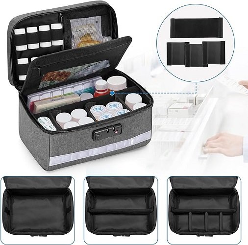 Locking Pill Bottle Organizer with Inner Dividers, Medicine Storage and Organizer Bag Combination Lock for Medicine, Vitamins and Medical Supplies, Gray
