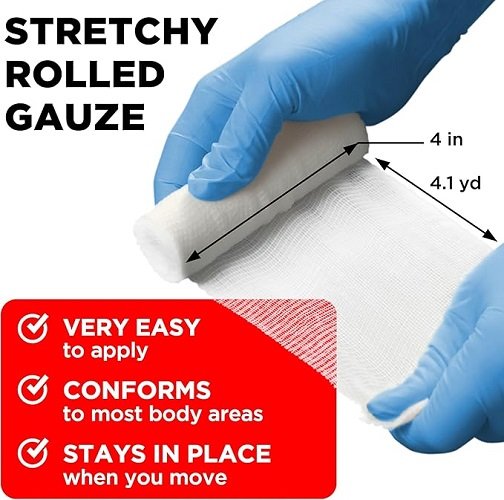 Premium Gauze Rolls - (24 Pack) - 4" x 4.1yd Breathable Rolled Gauze - Individually Wrapped + Bonus Tape - First Aid Conforming Gauze Wrap Roll for Wounds