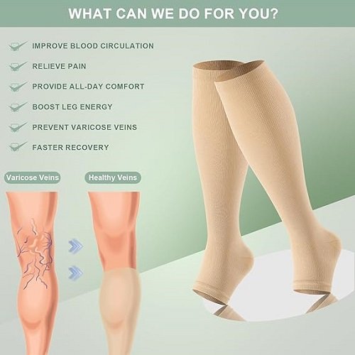 3 Pack Copper Compression Socks for Women&Men 20-30mmHg Open Toe Knee High Support Socks for Varicose Vein Running