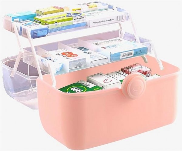 First Aid Medicine Box, 3-Tier Fold Tray Medicine Storage Containers, Multipurpose Empty Portable Storage Box,First Aid Kits [Pink]