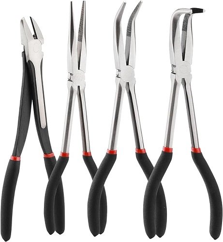 4PCS 11"Long Needle Nose Pliers Set, Long Reach Straight Pliers, 45°Bent Nose Pliers, 90°Bent Nose Pliers, Diagonal Pliers for Narrow Spaces and Limited Areas