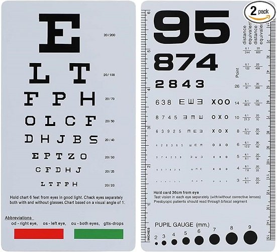 2 Pack Pocket Eye Chart, 2 in 1 Eye Chart 6 Feet and Pocket Eye Chart, 6.5x3.5 Inches Handheld Double Sided Plastic Eye Chart for Eye Exams (2 Pack 6 Feet)