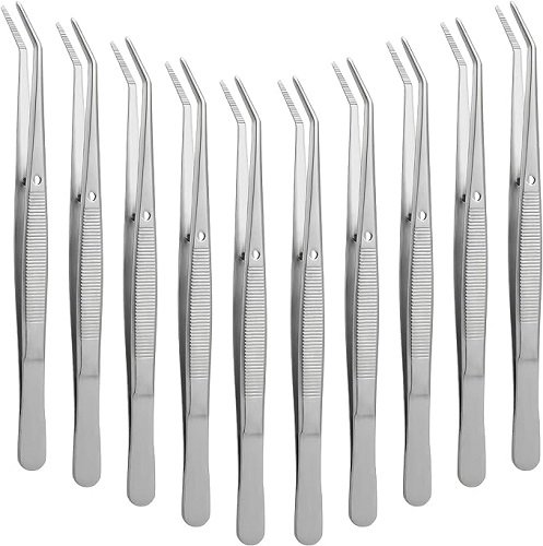 Stainless Steel Tweezers with Curved Serrated Tip Multipurpose Tweezers for Craft, Silver (10)