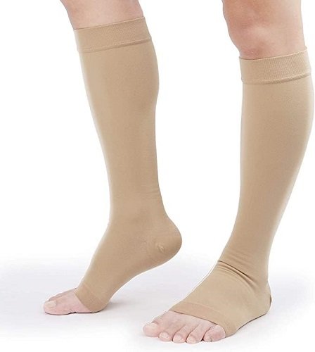Compression Stockings (Pair), Grade Firm Support 20-30mmHg, Opaque, Unisex, Open Toe Knee High Compression Socks for Varicose Veins, Edema, Shin Splints, Nursing, Travel, Beige XL