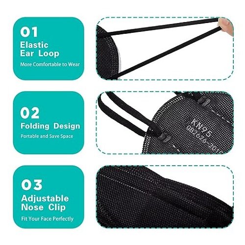 50pcs KN95 Face Mask Black 5 Layer Cup Dust Safety Masks Filter Efficiency≥95% Breathable Elastic Ear Loops Black Masks