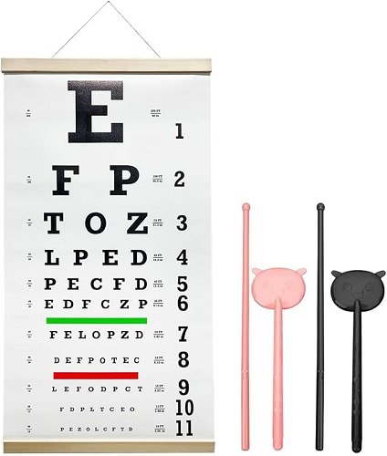 Eye Chart Pocket Eye Exam Kit with Cute Eye Occluders 20 Feet Optical Eye Test Reusable Wooden Frame Canvas Eye Chart for Kids and Adults