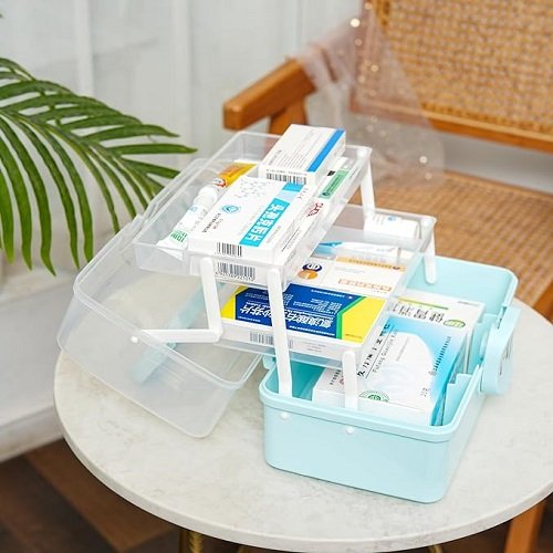 3 Layers Plastic First Aid Box with Portable Handle,Emergency Medicine Kit Case Organizer for Family,Office and Travel (Blue)