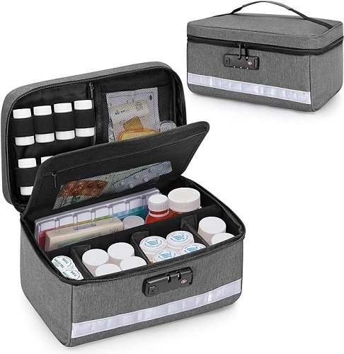 Locking Pill Bottle Organizer with Inner Dividers, Medicine Storage and Organizer Bag Combination Lock for Medicine, Vitamins and Medical Supplies, Gray
