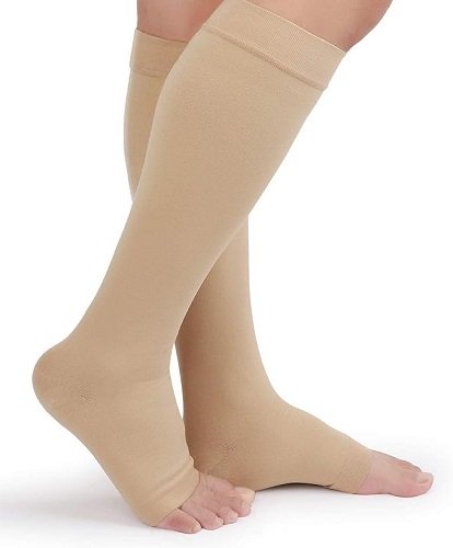 Compression Stockings (Pair), Grade Firm Support 20-30mmHg, Opaque, Unisex, Open Toe Knee High Compression Socks for Varicose Veins, Edema, Shin Splints, Nursing, Travel, Beige XL
