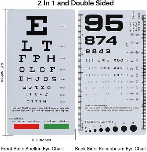 2 Pack Pocket Eye Chart, 2 in 1 Eye Chart 6 Feet and Pocket Eye Chart, 6.5x3.5 Inches Handheld Double Sided Plastic Eye Chart for Eye Exams (2 Pack 6 Feet)