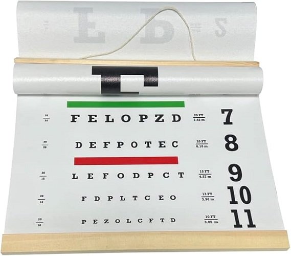 Eye Chart Pocket Eye Exam Kit with Cute Eye Occluders 20 Feet Optical Eye Test Reusable Wooden Frame Canvas Eye Chart for Kids and Adults
