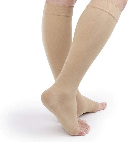 Compression Stockings (Pair), Grade Firm Support 20-30mmHg, Opaque, Unisex, Open Toe Knee High Compression Socks for Varicose Veins, Edema, Shin Splints, Nursing, Travel, Beige XL