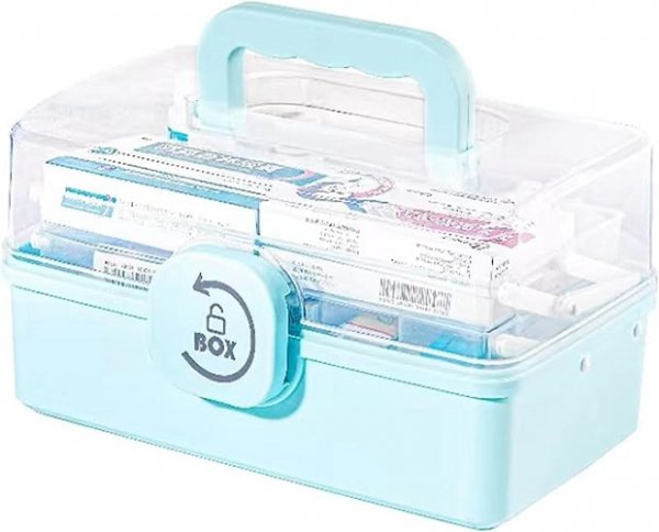 3 Layers Plastic First Aid Box with Portable Handle,Emergency Medicine Kit Case Organizer for Family,Office and Travel (Blue)