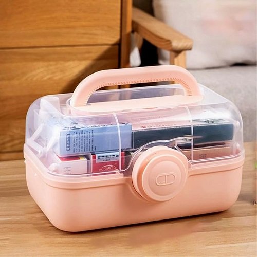 First Aid Medicine Box, 3-Tier Fold Tray Medicine Storage Containers, Multipurpose Empty Portable Storage Box,First Aid Kits [Pink]
