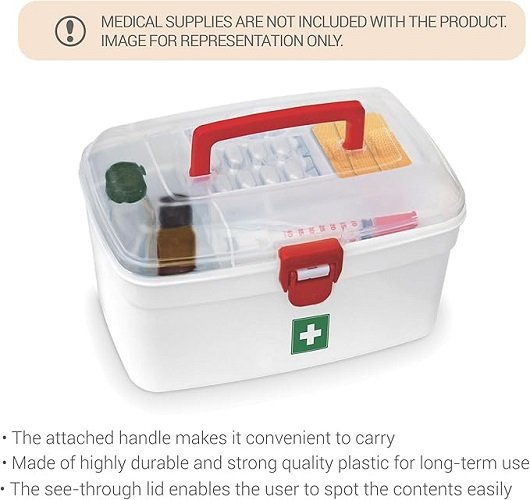 Medical Box, First Aid Kit Storage, Emergency Supplies Organizer with Handle, Detachable Tray, and Locking Lid, 23.8 x 16.5 x 14.5cm