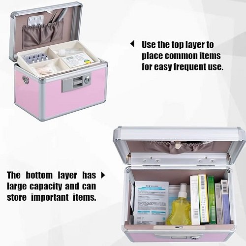 Medicine Box, First Aid Safe Medication Storage Box,Layered Aluminum Daily Medicine Cabinet,10.2" x 6.2" x 7.7", Pink