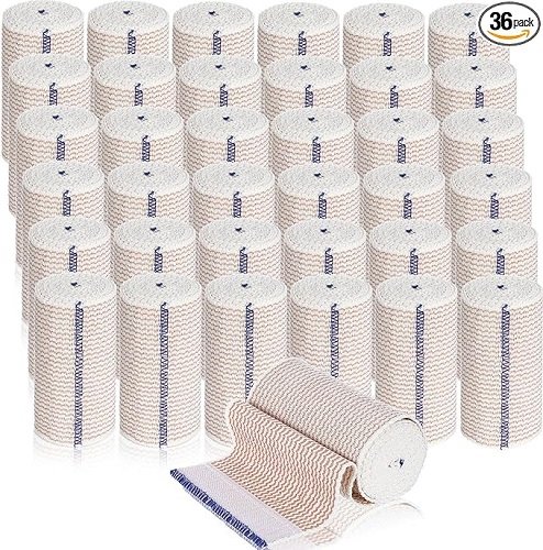 36 Pack Compression Bandage Wrap with Self Closure on Both Ends Elastic Bandage for Legs, Knees, Ankles, Wrists, Elbows, Shoulders, Athletic Stretchable Bandage Wrap (Blue Trim, 4 Inch)
