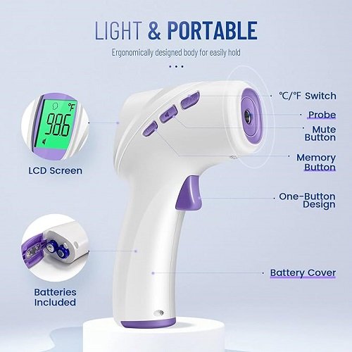 No-Touch Digital Forehead Thermometer, Infrared Thermometer for Adults, Kids & Babies, 1 Second Measurement, Fever Alert and 35 Sets Memory (Purple)