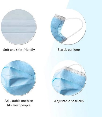 Premium Disposable Blue Face Mask, Soft on Skin, Pack of 3-Ply Masks Facial Cover with Elastic Earloops