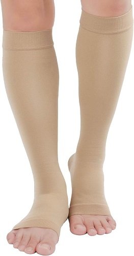 Compression Stockings (Pair), Grade Firm Support 20-30mmHg, Opaque, Unisex, Open Toe Knee High Compression Socks for Varicose Veins, Edema, Shin Splints, Nursing, Travel, Beige XL