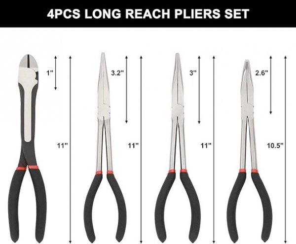 4PCS 11"Long Needle Nose Pliers Set, Long Reach Straight Pliers, 45°Bent Nose Pliers, 90°Bent Nose Pliers, Diagonal Pliers for Narrow Spaces and Limited Areas