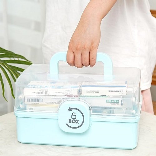 3 Layers Plastic First Aid Box with Portable Handle,Emergency Medicine Kit Case Organizer for Family,Office and Travel (Blue)